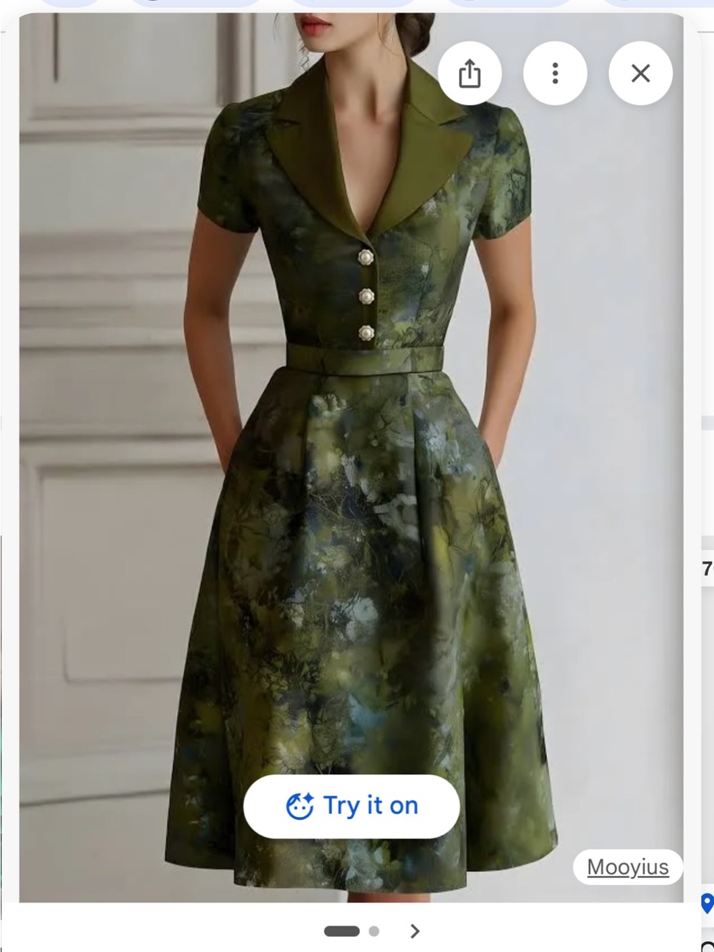 MOOYIUS Olive Green Floral Fit-and-Flare Dress with Notch Collar